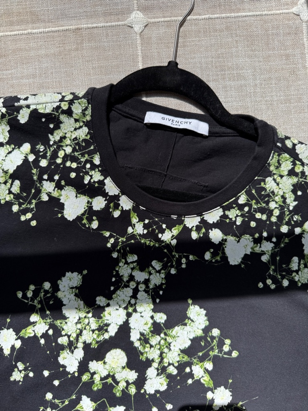 Givenchy Black Tee with White Floral and Light Green Accents